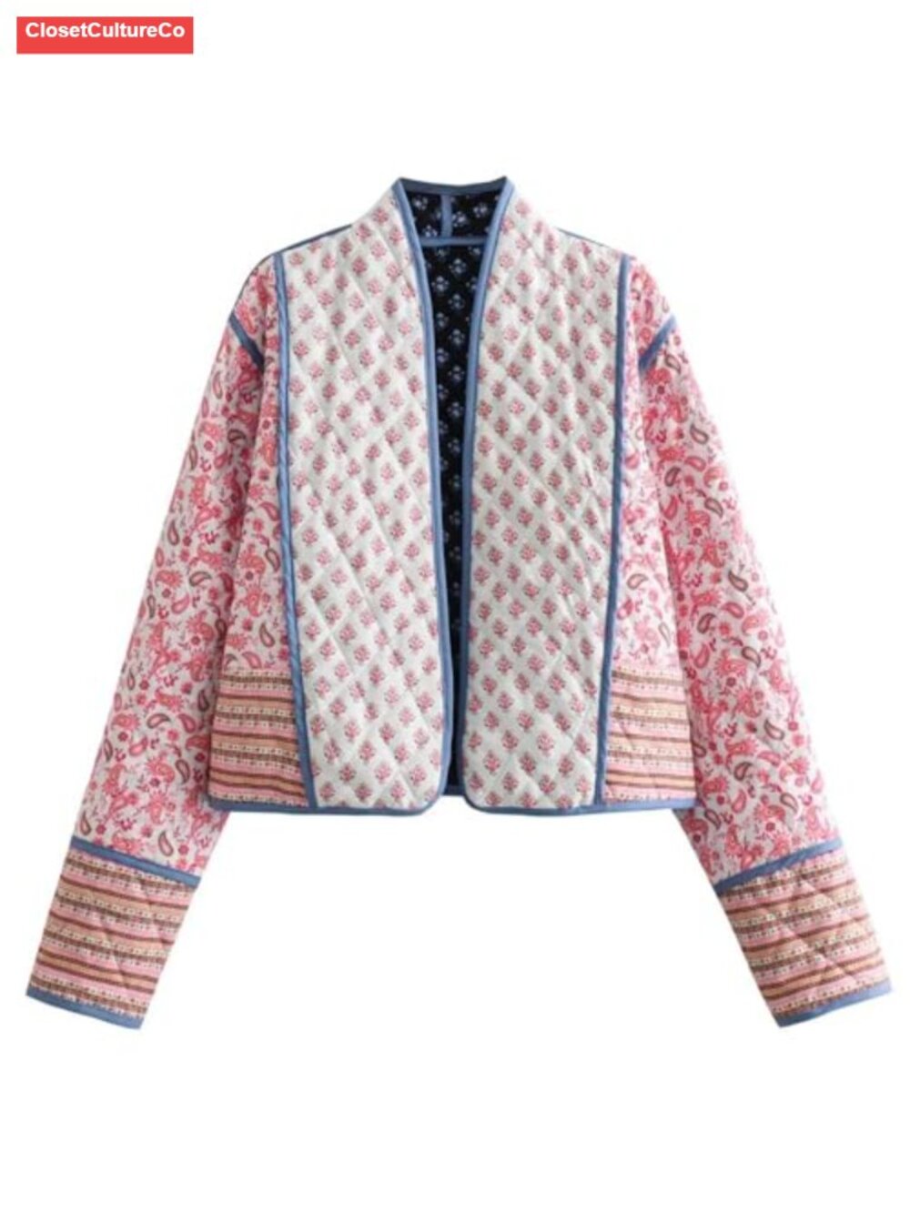 Womens Cropped Quilted Puffer Jacket Floral Open Front Lightweight Cardigan